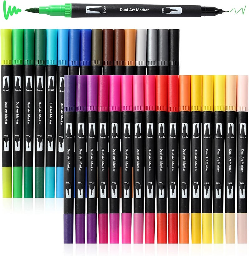 Peablce Art Markers Brush Pen, Markers for Adult Coloring Books No Bleeding,32 Colored Pens Fine Point Highlighter Pen & Brush for Adult Coloring Journaling Note Taking Planner - Image 1